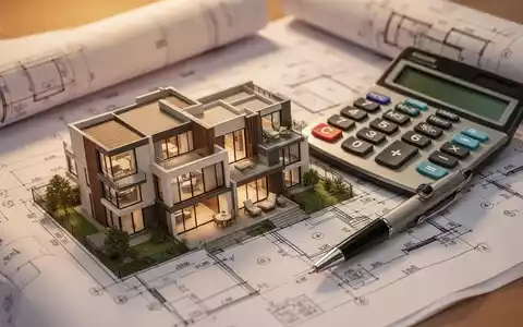 Nahaufnahme von Bauplänen für ein Wohngebäude mit Taschenrechner und Stift, die Finanzplanung und Investitionen symbolisieren. - Foto: über boerse-global.de