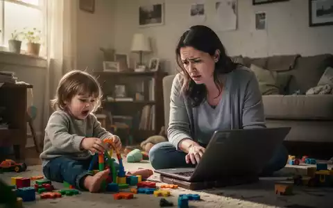 Eine gestresste alleinerziehende Mutter versucht, am Laptop zu arbeiten, während ihr Kleinkind in einem bescheidenen Zuhause spielt. - Foto: über boerse-global.de
