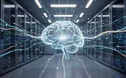 Leuchtende, abstrakte Darstellung eines neuronalen Netzes oder Gehirns in einem futuristischen Serverraum, Symbol für fortschrittliche KI-Technologie. - Foto: über boerse-global.de