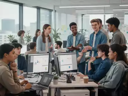 Junge Fachkräfte (Gen Z) arbeiten in einem modernen Büro zusammen, einige an Computern, andere im Gespräch. - Foto: über boerse-global.de