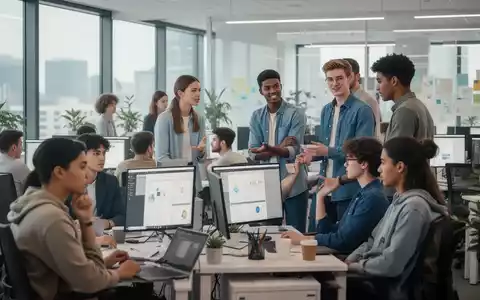 Junge Fachkräfte (Gen Z) arbeiten in einem modernen Büro zusammen, einige an Computern, andere im Gespräch. - Foto: über boerse-global.de