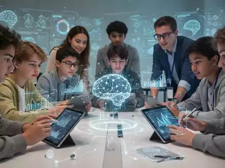 Schüler und Pädagogen in einem KI-Workshop interagieren mit digitalen Schnittstellen und holografischen Projektionen, die digitale Kompetenz und KI-Bildung symbolisieren. - Foto: über boerse-global.de