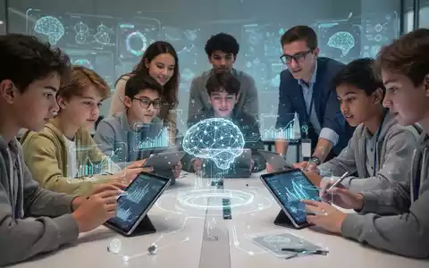 Schüler und Pädagogen in einem KI-Workshop interagieren mit digitalen Schnittstellen und holografischen Projektionen, die digitale Kompetenz und KI-Bildung symbolisieren. - Foto: über boerse-global.de