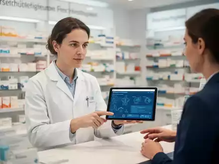 Ein Apotheker in einer deutschen Apotheke prüft ein Tablet mit Patientendaten, ein Patient steht daneben. - Foto: über boerse-global.de