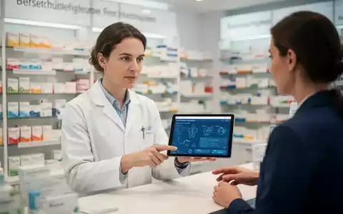 Ein Apotheker in einer deutschen Apotheke prüft ein Tablet mit Patientendaten, ein Patient steht daneben. - Foto: über boerse-global.de