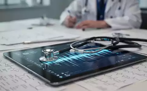 Ein Stethoskop liegt auf einem Tablet, das eine Podcast-Wellenform anzeigt, mit medizinischen Diagrammen im Hintergrund. - Foto: über boerse-global.de