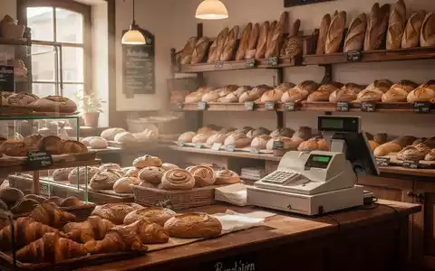Ein warm beleuchtetes Inneres einer deutschen Bäckerei mit frischen Backwaren auf Auslagen, einem leeren Kassentresen und Sonnenlicht. - Foto: über boerse-global.de