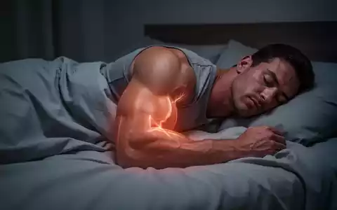 Ein muskulöser Arm ruht auf einem Bett, umgeben von einem sanften Leuchten, das Regeneration und Wachstum im Schlaf symbolisiert. - Foto: über boerse-global.de