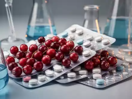 Nahaufnahme von Cranberries, kombiniert mit pharmazeutischen Blisterpackungen und Laborgeräten, symbolisiert medizinische Forschung. - Foto: über boerse-global.de