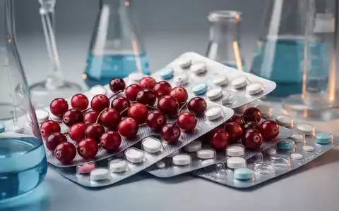 Nahaufnahme von Cranberries, kombiniert mit pharmazeutischen Blisterpackungen und Laborgeräten, symbolisiert medizinische Forschung. - Foto: über boerse-global.de