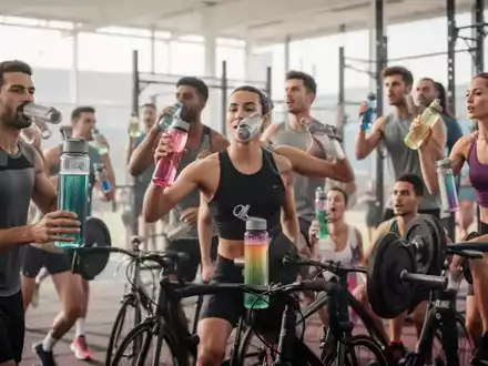 Eine Gruppe von Sportlern in einem Fitnessstudio, die funktionale Getränke trinken, mit Fokus auf Hydratation und Leistung. - Foto: über boerse-global.de