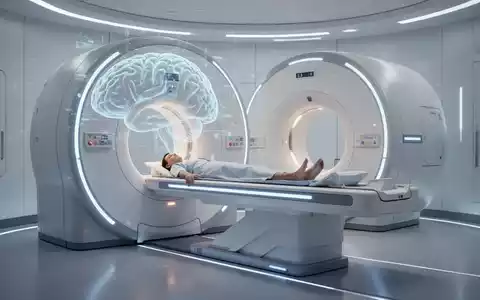 Ein offener, futuristischer medizinischer Scanner mit sanfter Beleuchtung und einer stilisierten Gehirngrafik im Hintergrund. - Foto: über boerse-global.de