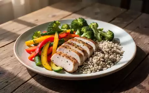 Ein appetitliches, gesundes Gericht mit frischem Gemüse, magerem Protein und Vollkornprodukten auf einem Holztisch. - Foto: über boerse-global.de