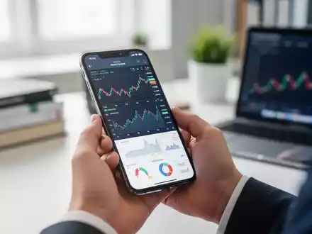 Eine junge Hand hält ein Smartphone mit Finanzdiagrammen, im Hintergrund verschwommene Bücher und Laptop in hellem Lernambiente. - Foto: über boerse-global.de