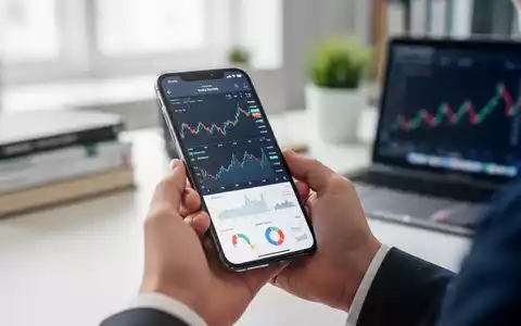 Eine junge Hand hält ein Smartphone mit Finanzdiagrammen, im Hintergrund verschwommene Bücher und Laptop in hellem Lernambiente. - Foto: über boerse-global.de