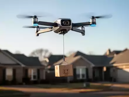 Eine autonome Lieferdrohne schwebt über einem Vorortviertel in Tulsa, Oklahoma, und senkt ein Paket an einer Leine herab. - Foto: über boerse-global.de