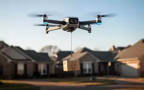 Eine autonome Lieferdrohne schwebt über einem Vorortviertel in Tulsa, Oklahoma, und senkt ein Paket an einer Leine herab. - Foto: über boerse-global.de