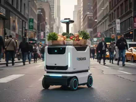 Autonomer Lieferroboter mit Lebensmitteln überquert belebte Stadtstraße, zeigt Wandel von Campus- zu Stadtlieferungen. - Foto: über boerse-global.de