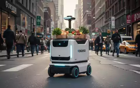 Autonomer Lieferroboter mit Lebensmitteln überquert belebte Stadtstraße, zeigt Wandel von Campus- zu Stadtlieferungen. - Foto: über boerse-global.de