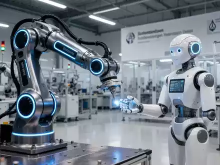 Ein hochentwickelter Industrieroboterarm und ein humanoider Roboter arbeiten in einer Hightech-Fabrik in Deutschland zusammen. - Foto: über boerse-global.de