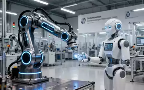 Ein hochentwickelter Industrieroboterarm und ein humanoider Roboter arbeiten in einer Hightech-Fabrik in Deutschland zusammen. - Foto: über boerse-global.de