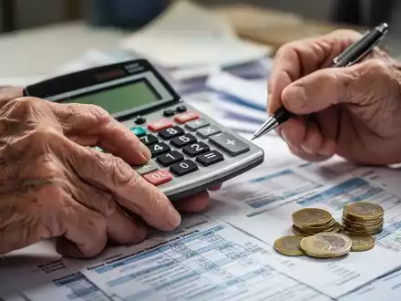 Hände einer älteren Person halten einen Taschenrechner und einen Stift, umgeben von Finanzdokumenten und Münzen. - Foto: über boerse-global.de