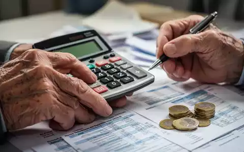 Hände einer älteren Person halten einen Taschenrechner und einen Stift, umgeben von Finanzdokumenten und Münzen. - Foto: über boerse-global.de