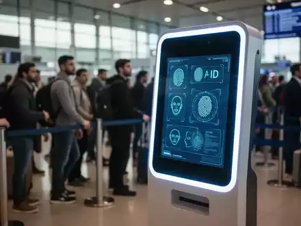 Digitales Grenzkontrollterminal mit biometrischen Symbolen in belebter Flughafenhalle, das die Umsetzung des EU-Systems zeigt. - Foto: über boerse-global.de