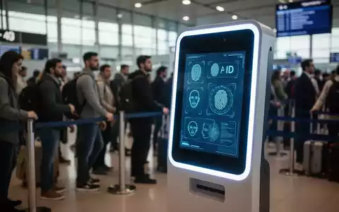 Digitales Grenzkontrollterminal mit biometrischen Symbolen in belebter Flughafenhalle, das die Umsetzung des EU-Systems zeigt. - Foto: über boerse-global.de