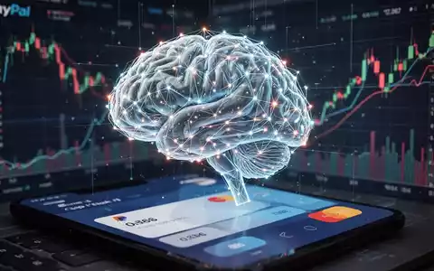 Leuchtendes KI-Gehirn-Netzwerk über digitaler Zahlungsoberfläche, mit fallenden Aktiencharts im Hintergrund, symbolisiert PayPals KI-Strategie und Aktienperformance. - Foto: über boerse-global.de