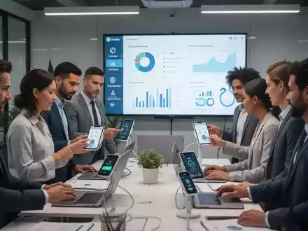 Mitarbeiter nutzen digitale Geräte zur Gesundheitsmessung in einem modernen Büro, mit Gesundheitsdaten auf einem Bildschirm im Hintergrund. - Foto: über boerse-global.de