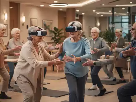 Eine Gruppe älterer Menschen in einem modernen Gemeinschaftsraum, die an einer betreuten Aktivität teilnehmen, möglicherweise mit VR-Brillen oder leichten Übungen. - Foto: über boerse-global.de