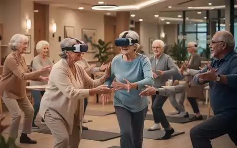 Eine Gruppe älterer Menschen in einem modernen Gemeinschaftsraum, die an einer betreuten Aktivität teilnehmen, möglicherweise mit VR-Brillen oder leichten Übungen. - Foto: über boerse-global.de