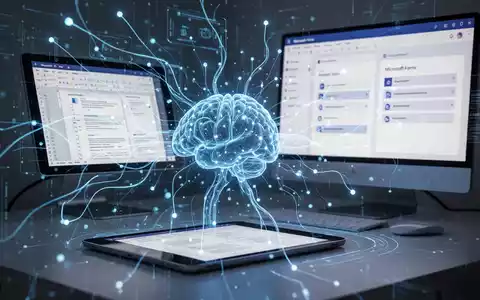 Leuchtend blaue KI-Oberfläche über einem Tablet mit Microsoft Word und einem Desktop mit Microsoft Forms, die Copilot-Integration darstellt. - Foto: über boerse-global.de