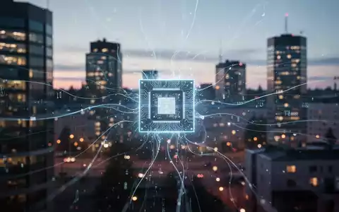 Ein stilisierter, leuchtender Quanten-Chip im Zentrum, umgeben von abstrakten Datenströmen vor einer finnischen Stadtkulisse. - Foto: über boerse-global.de