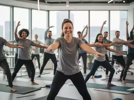 Eine Gruppe lachender Mitarbeiter nimmt an einer Wellness-Sitzung in einem modernen Büro teil, die Engagement und Wohlbefinden zeigt. - Foto: über boerse-global.de