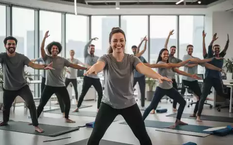 Eine Gruppe lachender Mitarbeiter nimmt an einer Wellness-Sitzung in einem modernen Büro teil, die Engagement und Wohlbefinden zeigt. - Foto: über boerse-global.de