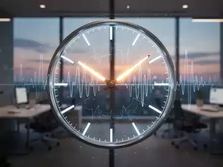 Eine stilisierte Uhr mit leuchtenden Zeigern und biologischen Rhythmusmustern vor einem ruhigen Büro bei Sonnenuntergang. - Foto: über boerse-global.de