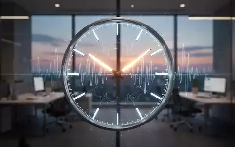 Eine stilisierte Uhr mit leuchtenden Zeigern und biologischen Rhythmusmustern vor einem ruhigen Büro bei Sonnenuntergang. - Foto: über boerse-global.de