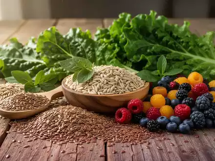 Eine Nahaufnahme von ballaststoffreichen Lebensmitteln wie Blattgemüse, Vollkornprodukten, Beeren und Leinsamen auf einem Holztisch. - Foto: über boerse-global.de