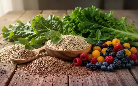 Eine Nahaufnahme von ballaststoffreichen Lebensmitteln wie Blattgemüse, Vollkornprodukten, Beeren und Leinsamen auf einem Holztisch. - Foto: über boerse-global.de