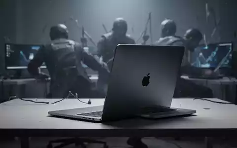 Ein silberner Apple MacBook auf einem Schreibtisch, Kontrast zu unscharfen, dunklen Formen im Hintergrund, die den sinkenden PC-Markt symbolisieren. - Foto: über boerse-global.de
