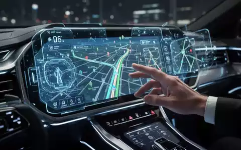 Nahaufnahme eines futuristischen Autoinnenraums mit holografischem Navigationsdisplay und einer Hand, die mit dem Interface interagiert. - Foto: über boerse-global.de