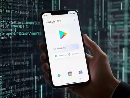 Eine Hand hält ein Smartphone mit der neu gestalteten Google Play Store-Oberfläche und pillenförmigen Navigationselementen. - Foto: über boerse-global.de