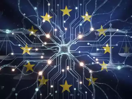 Ein abstraktes Bild, das eine Vernetzung von KI-Technologie mit rechtlichen Symbolen und EU-Motiven darstellt, um den EU AI Act zu illustrieren. - Foto: über boerse-global.de