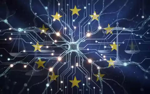 Ein abstraktes Bild, das eine Vernetzung von KI-Technologie mit rechtlichen Symbolen und EU-Motiven darstellt, um den EU AI Act zu illustrieren. - Foto: über boerse-global.de