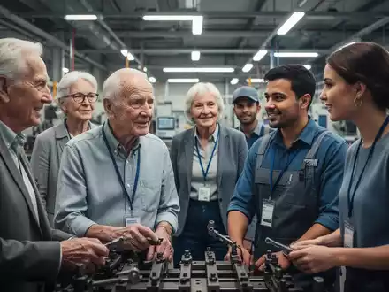 Eine vielfältige Gruppe von Menschen verschiedener Generationen in einem professionellen Umfeld, die den demografischen Wandel und Fachkräftemangel symbolisiert. - Foto: über boerse-global.de