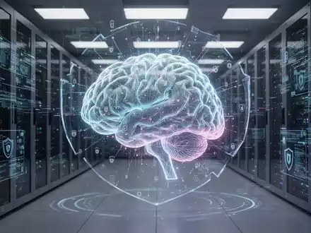Ein abstraktes, leuchtendes KI-Netzwerk, das in eine sichere Unternehmens-Serverumgebung integriert ist, symbolisiert Skalierung und Sicherheit. - Foto: über boerse-global.de