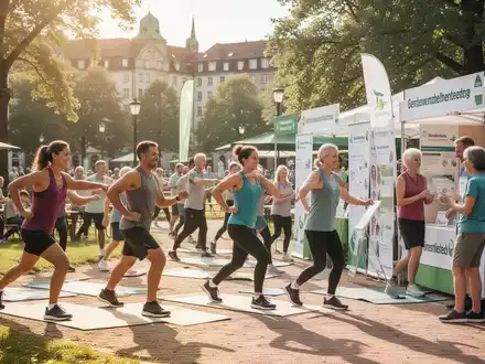 Menschen unterschiedlichen Alters nehmen an einem Gesundheits- und Fitness-Event im Freien in einem deutschen Stadtpark teil. - Foto: über boerse-global.de