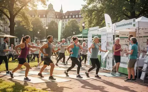 Menschen unterschiedlichen Alters nehmen an einem Gesundheits- und Fitness-Event im Freien in einem deutschen Stadtpark teil. - Foto: über boerse-global.de
